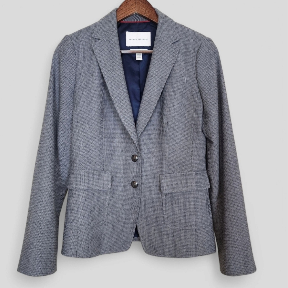 Banana Republic Italian Fabric Blazer Size 2 Grey Houndstooth Elbow Patch Jacket - Picture 10 of 12